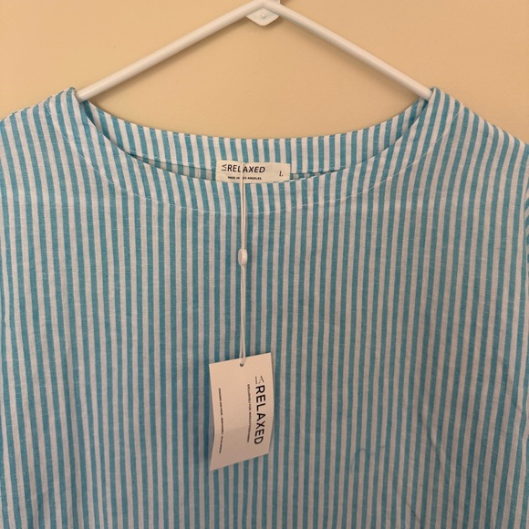NWT- MSRP $70 Organic Cotton & Linen Paradise Aqua Stripe LARelaxed Shirt Dress - Picture 6 of 10